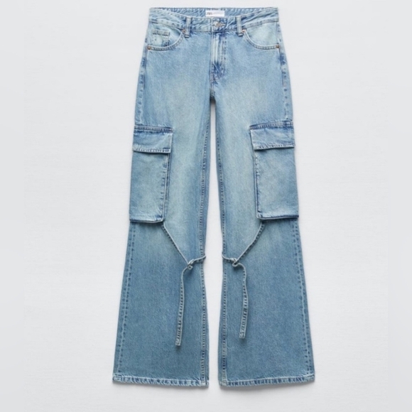 Zara Cotton Blend Belt Loop Wide Leg Cargo Jeans In Light Indigo Wash Size 2 - Picture 12 of 16